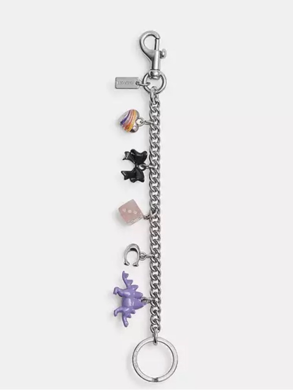Coach Silver Bag Charm Chain with Purple Dinosaur and Multicolor Charms NWT